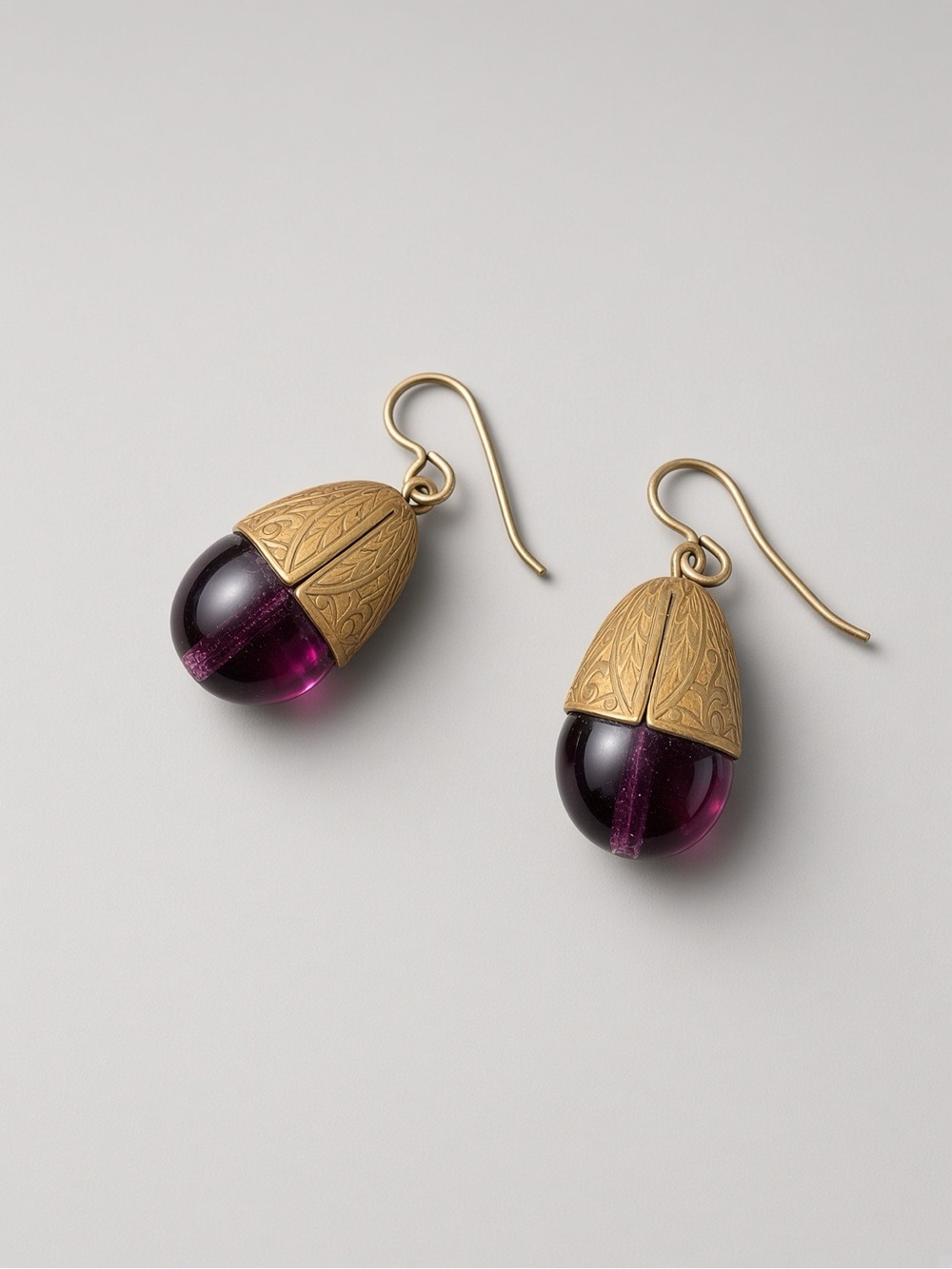 Vintage Gold Tone Etched Cap Purple Glass Teardrop Drop Earrings
